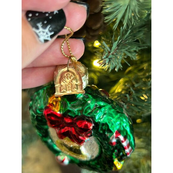 Vintage Thomas Pacconi Hand Blown Glass Wreath Ornament With Bow & Bell Holiday - Picture 2 of 6